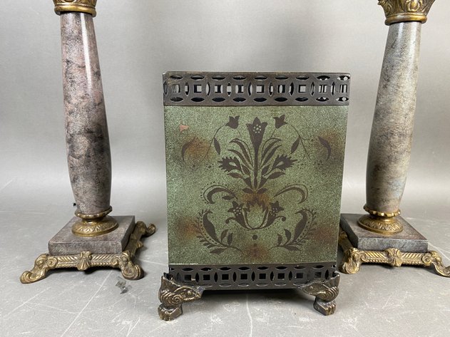 Image for Pair of Decorative Stone & Brass Candlesticks with Floral Metal Basket