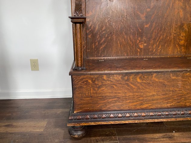 Image for Antique Tiger Oak Hall Tree with Beveled Mirror & Brass Coat Hooks