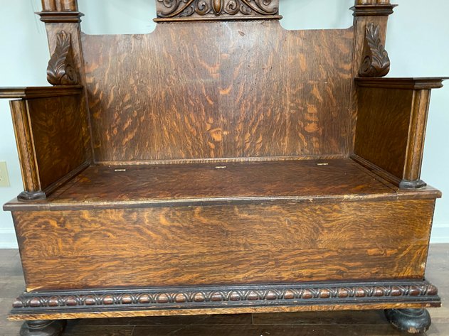 Image for Antique Tiger Oak Hall Tree with Beveled Mirror & Brass Coat Hooks