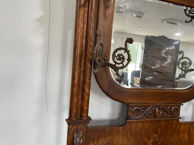 Image for Antique Tiger Oak Hall Tree with Beveled Mirror & Brass Coat Hooks