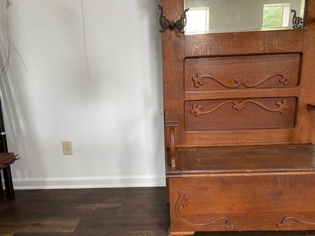 Image for Antique Quarter-Swan Oak Hall Tree with Beveled Mirror & Cast Iron Coat Hooks