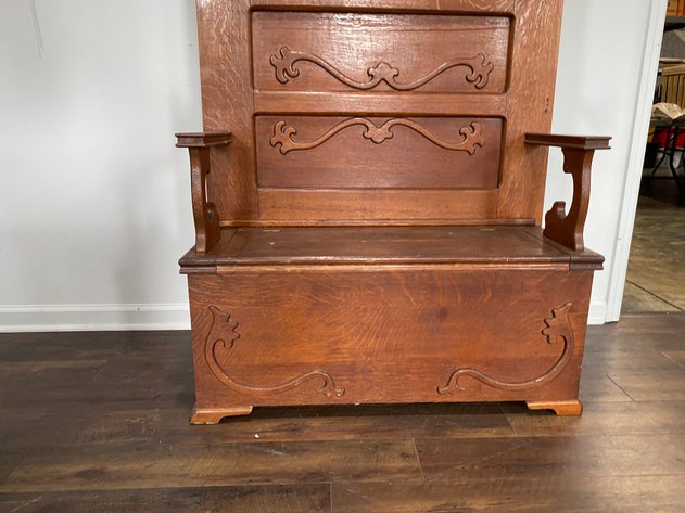 Image for Antique Quarter-Swan Oak Hall Tree with Beveled Mirror & Cast Iron Coat Hooks