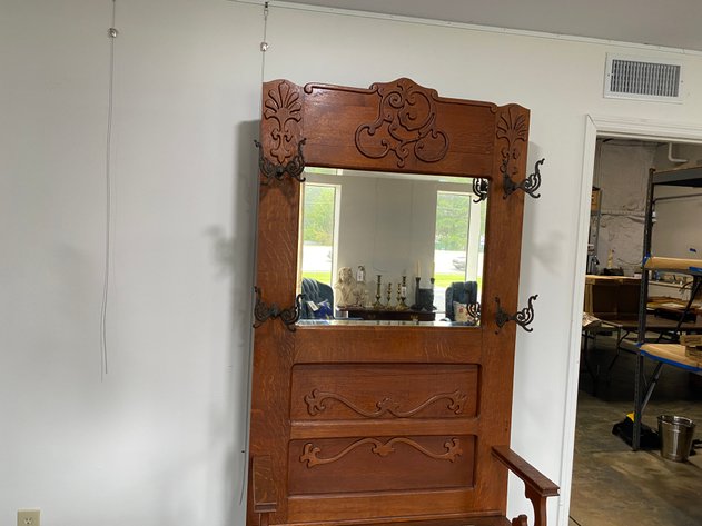 Image for Antique Quarter-Swan Oak Hall Tree with Beveled Mirror & Cast Iron Coat Hooks