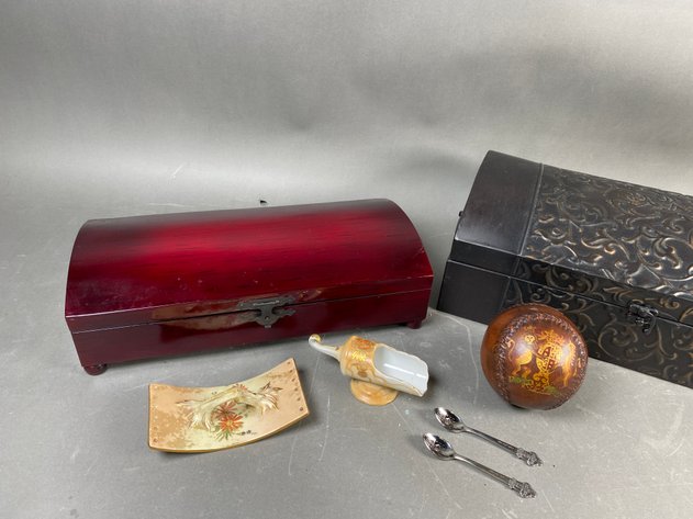 Image for Collection of Decorative Boxes & Vintage Décor Including German Porcelain & Bucherer Geneve Souvenir Spoons