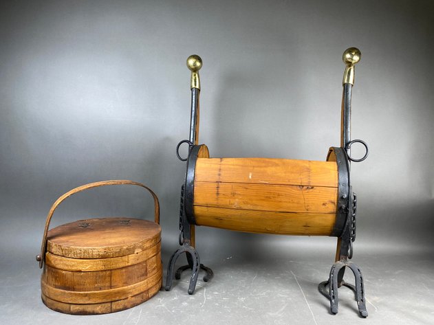 Image for Vintage Wooden Horse-Form Magazine Rack with Brass & Cast Iron Accents & Round Wood Box