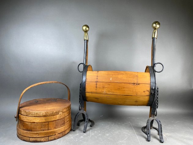 Image for Vintage Wooden Horse-Form Magazine Rack with Brass & Cast Iron Accents & Round Wood Box