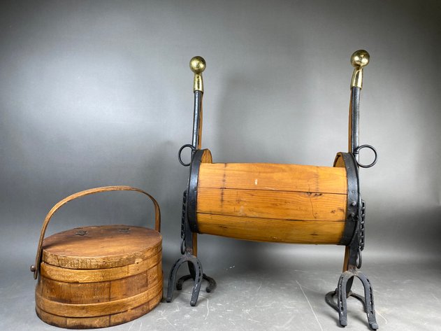 Image for Vintage Wooden Horse-Form Magazine Rack with Brass & Cast Iron Accents & Round Wood Box
