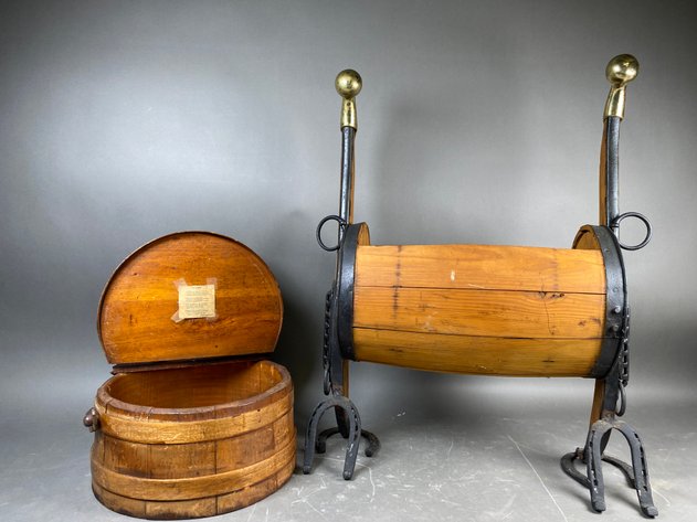 Image for Vintage Wooden Horse-Form Magazine Rack with Brass & Cast Iron Accents & Round Wood Box