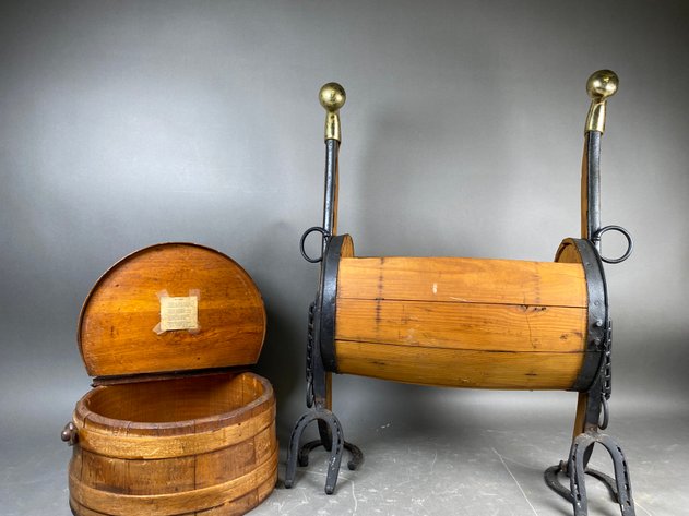 Image for Vintage Wooden Horse-Form Magazine Rack with Brass & Cast Iron Accents & Round Wood Box