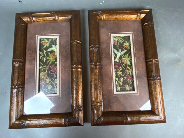Image for Vintage Asian-Style Floral & Bird Textile Panels - Pair of Bamboo-Style Framed Artwork