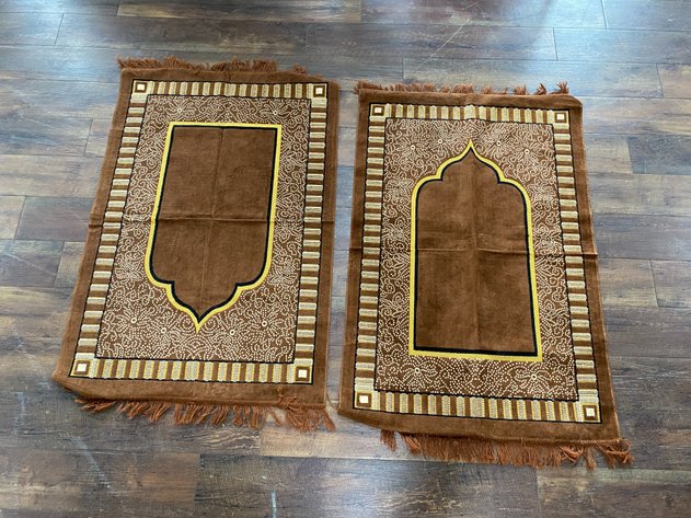 Image for Pair of Brown Islamic Prayer Rugs with Mihrab Design & Fringe