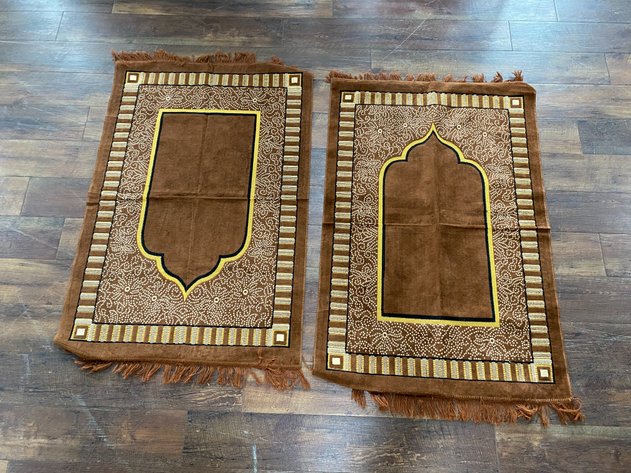 Image for Pair of Brown Islamic Prayer Rugs with Mihrab Design & Fringe