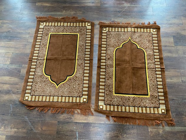 Image for Pair of Brown Islamic Prayer Rugs with Mihrab Design & Fringe