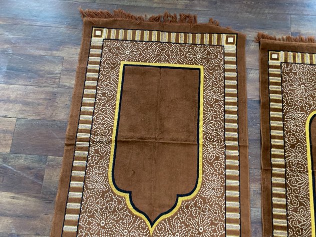 Image for Pair of Brown Islamic Prayer Rugs with Mihrab Design & Fringe