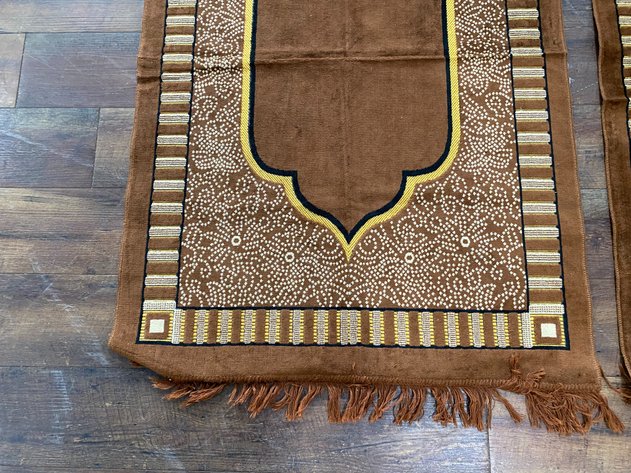Image for Pair of Brown Islamic Prayer Rugs with Mihrab Design & Fringe