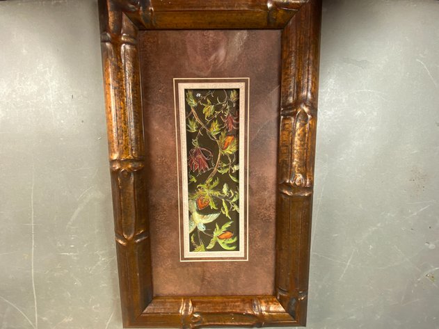 Image for Vintage Asian-Style Floral & Bird Textile Panels - Pair of Bamboo-Style Framed Artwork