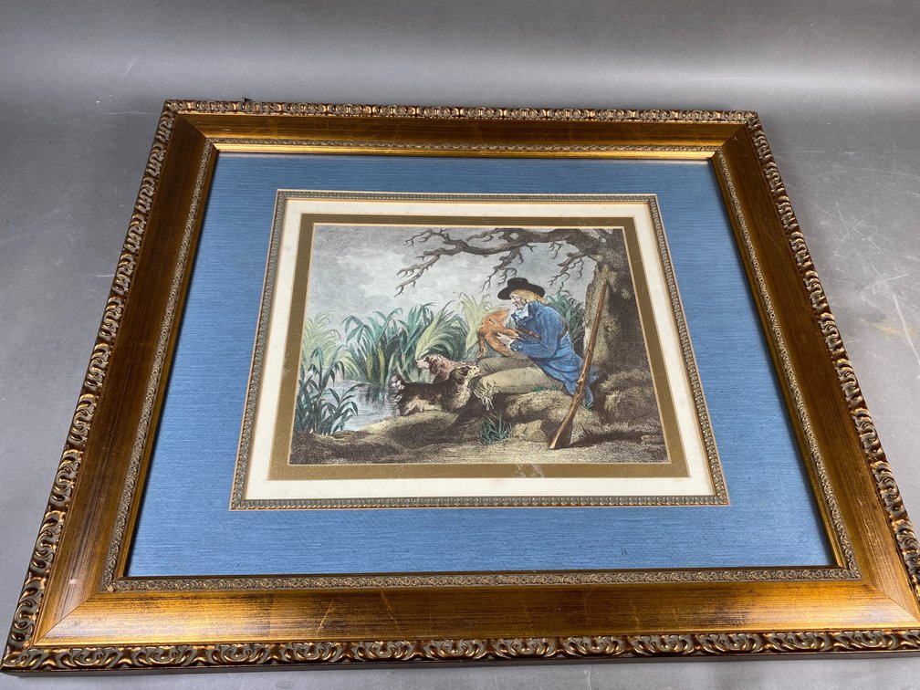 Vintage Framed Hunting Scene Print with Ornate Wood Frame