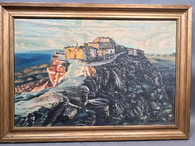 Image for J. DiMauro Signed Coastal Landscape Painting in Wood Frame