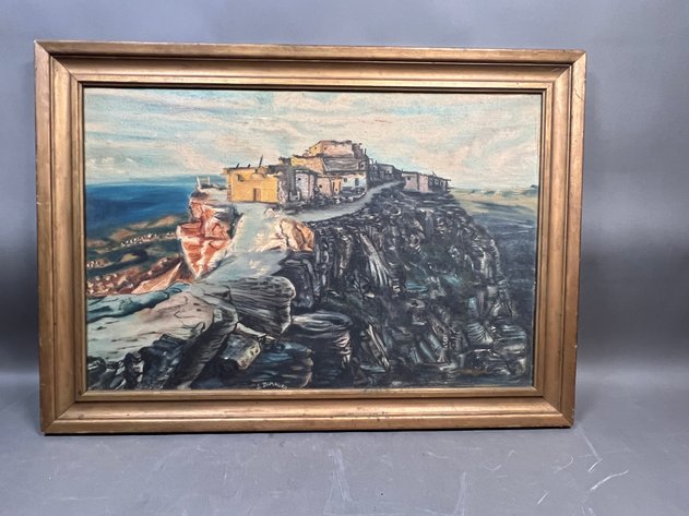 Image for J. DiMauro Signed Coastal Landscape Painting in Wood Frame