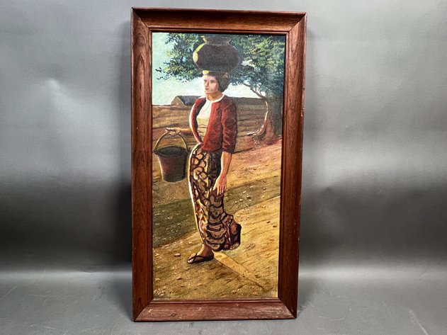 Image for Framed Oil on Canvas Painting of Burmese Woman Carrying Water Jugs