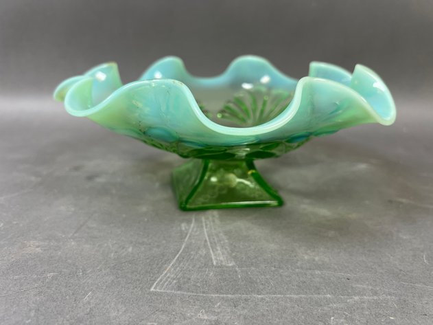 Image for Collection of Vintage Green Glassware Including Jefferson Glass Opalescent Pedestal Bowl, Fostoria Fairfax Platter & Hobnail Creamer, Sugar & Goblet