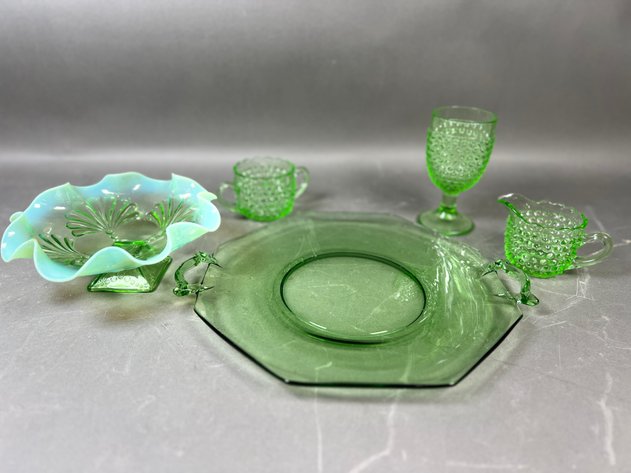Image for Collection of Vintage Green Glassware Including Jefferson Glass Opalescent Pedestal Bowl, Fostoria Fairfax Platter & Hobnail Creamer, Sugar & Goblet