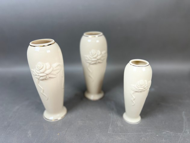 Image for Collection of Vintage Lenox Rosebud & Rose Blossom Porcleain Vases with Iridescent Gold-Trimmed Ceramic Vases