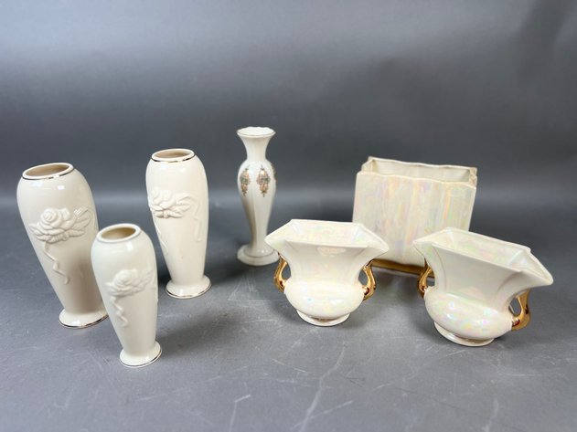 Image for Collection of Vintage Lenox Rosebud & Rose Blossom Porcleain Vases with Iridescent Gold-Trimmed Ceramic Vases