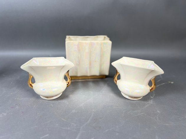 Image for Collection of Vintage Lenox Rosebud & Rose Blossom Porcleain Vases with Iridescent Gold-Trimmed Ceramic Vases