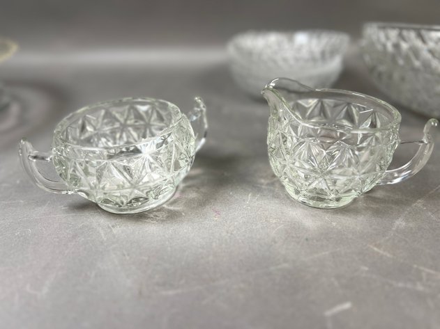 Image for Collection of Assorted Clear Pressed Glass Serving Pieces Including Bowls, Cream & Sugar Set, Candlesticks & Bicentennial Liberty Bell Plate