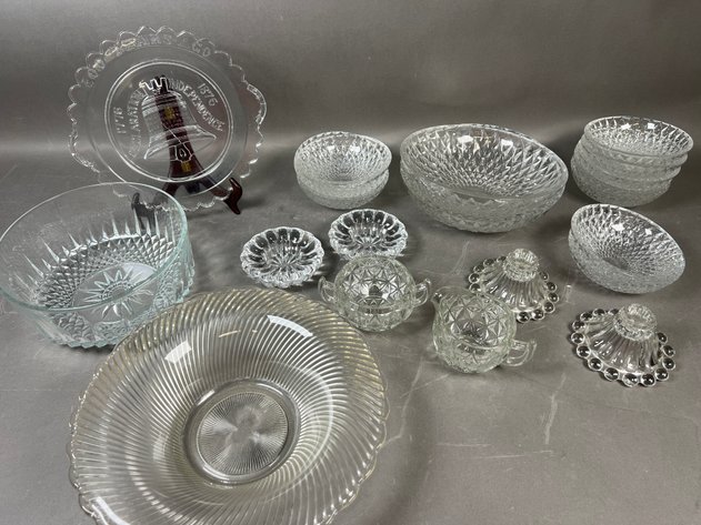 Image for Collection of Assorted Clear Pressed Glass Serving Pieces Including Bowls, Cream & Sugar Set, Candlesticks & Bicentennial Liberty Bell Plate