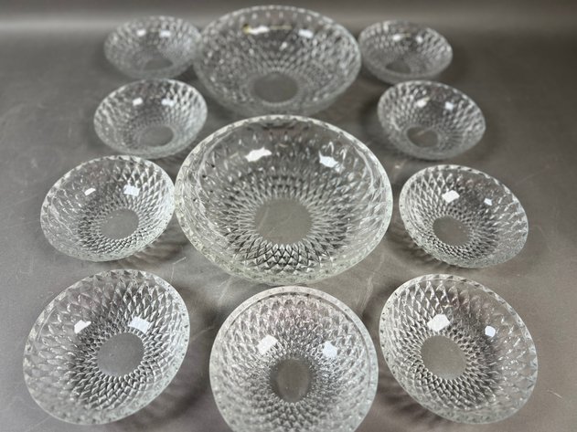 Image for Collection of Assorted Clear Pressed Glass Serving Pieces Including Bowls, Cream & Sugar Set, Candlesticks & Bicentennial Liberty Bell Plate