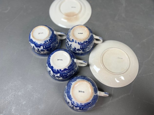 Image for Collection of Vintage Blue & White China Including Blue Willow Teacups & Saucers