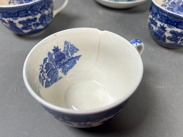Image for Collection of Vintage Blue & White China Including Blue Willow Teacups & Saucers