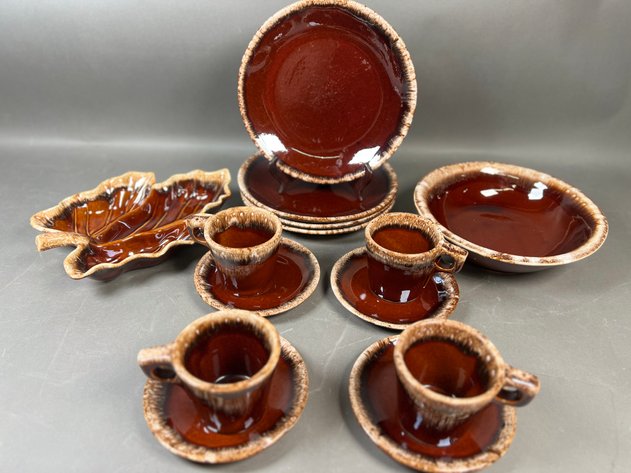Image for Collection of Vintage Hull Brown Drip Pottery Dinnerware Including Cups & Saucers, Plates, Serving Bowl & Leaf Dish