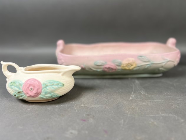 Image for Collection of Vintage Art Pottery Including Roseville Clematis Vase, Floral Vases & Blue Ceramic Pieces