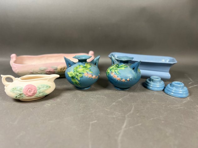 Image for Collection of Vintage Art Pottery Including Roseville Clematis Vase, Floral Vases & Blue Ceramic Pieces