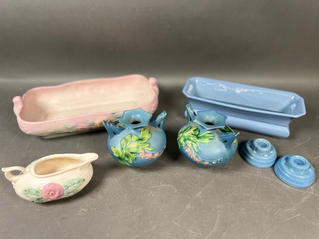 Image for Collection of Vintage Art Pottery Including Roseville Clematis Vase, Floral Vases & Blue Ceramic Pieces