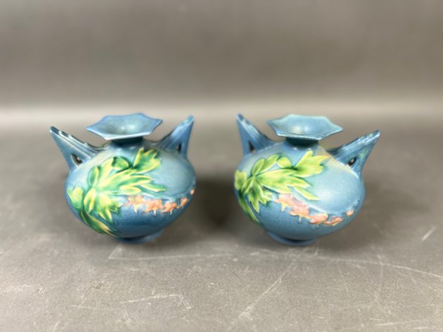 Image for Collection of Vintage Art Pottery Including Roseville Clematis Vase, Floral Vases & Blue Ceramic Pieces