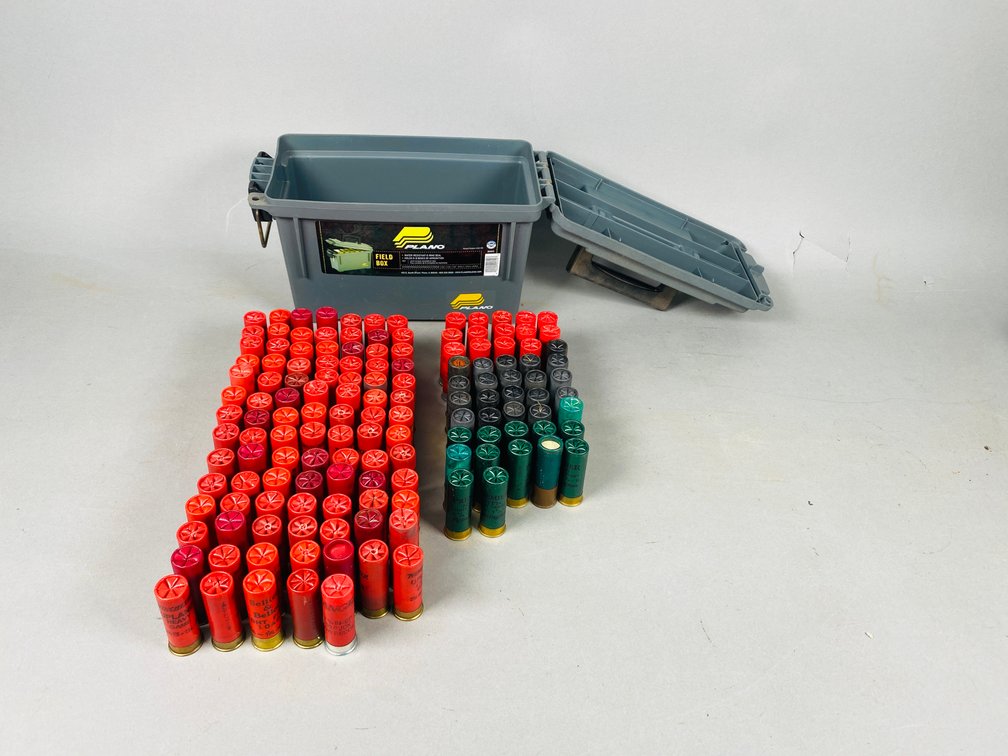 Assortment 150 +/- 12 Gauge Shells Including a Plastic Ammo Can