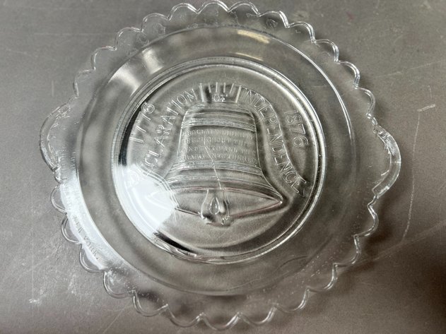Image for Collection of Assorted Clear Pressed Glass Serving Pieces Including Bowls, Cream & Sugar Set, Candlesticks & Bicentennial Liberty Bell Plate