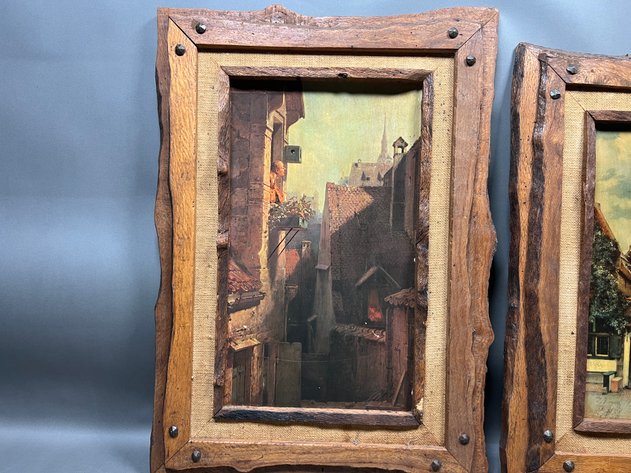 Image for Pair of Vintage Framed European Street Scene Print in Rustic Wood Frames