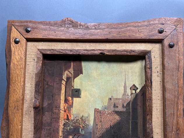 Image for Pair of Vintage Framed European Street Scene Print in Rustic Wood Frames