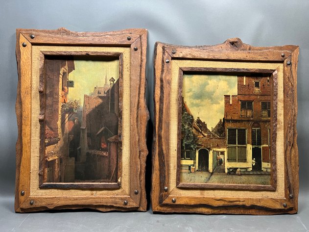 Image for Pair of Vintage Framed European Street Scene Print in Rustic Wood Frames