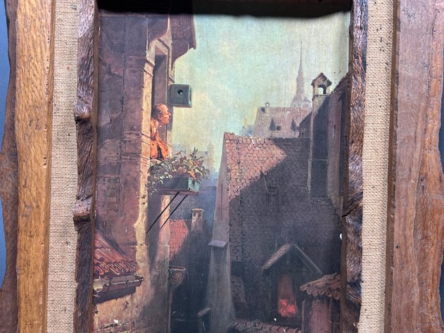 Image for Pair of Vintage Framed European Street Scene Print in Rustic Wood Frames