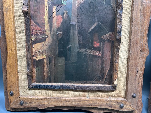 Image for Pair of Vintage Framed European Street Scene Print in Rustic Wood Frames