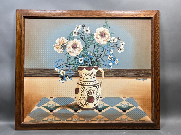 Image for Framed Huntington Signed Floral Still-Life Art Oil Painting Print