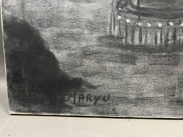 Image for Canvas Charcoal Art of a Suspension Bridge Signed by Artist Mary U
