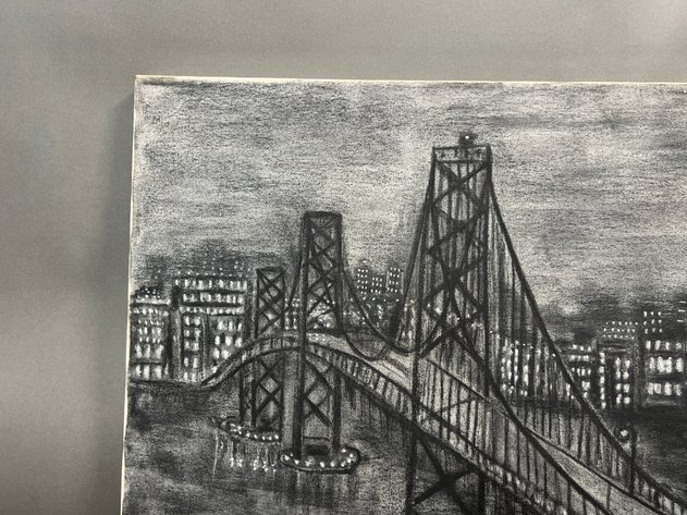 Image for Canvas Charcoal Art of a Suspension Bridge Signed by Artist Mary U