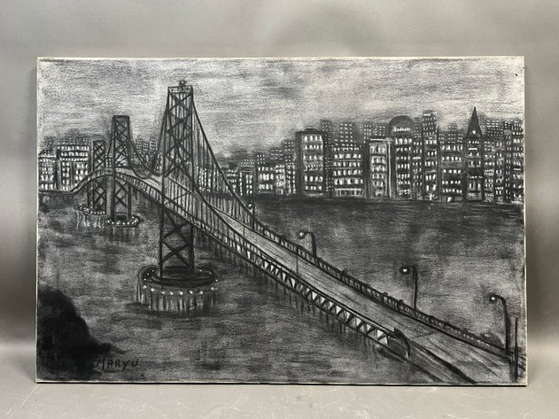 Image for Canvas Charcoal Art of a Suspension Bridge Signed by Artist Mary U